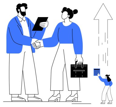 İki profesyonel el sıkışıyor, evrak çantaları ve belgeler taşıyor, yukarı doğru ok ise büyüme ve başarıyı simgeliyor. Takım çalışması, ortaklık, iş stratejisi, başarı ve liderlik için ideal