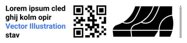 Kalem tutucu metnin yanında QR kodu, kalın ayakkabıdan esinlenilmiş soyut grafikler ve asgari kalem taslağı. Markalaşma, tasarım konsepti, dijital çözümler, minimalizm, tipografi, teknoloji düz iniş için ideal