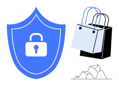 Kilit simgesi olan kalkan, alışveriş torbalarının yanında e-ticareti simgeleyen güvenliği temsil ediyor. Çevrimiçi güvenlik, güvenli işlemler, dijital koruma, siber güvenlik, veri koruması, tüketici için ideal