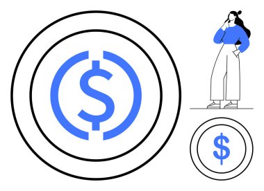 Düşünceli bir kadın, eş merkezli çemberler içinde çeşitli dolar işaretleri düşünüyor. Finans, karar verme, analiz, yatırım, zenginlik, ekonomi ve strateji için idealdir. Minimalist soyut çizgi