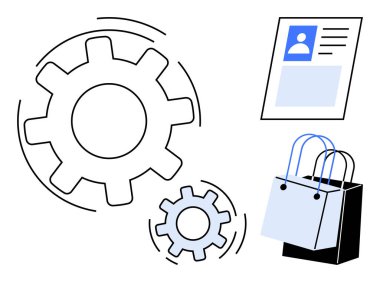 Otomasyon ve verimliliği temsil eden iki vites perakende veya e-ticaret için alışveriş torbaları ve bir kullanıcı profili kartı. Süreç otomasyonu, e-ticaret, perakende stratejisi ve tüketici profili için ideal