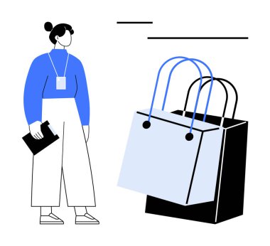 Elinde pano olan kişi alışveriş torbalarının yanında duruyor. Perakende satış, çevrimiçi alışveriş, tüketici davranışı, piyasa araştırması, e-ticaret, satın alma trendleri, modern ticaret için ideal. Soyut satır düzlüğü