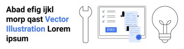 Ödeme detayları ve makbuzuyla tabletin yanında anahtarlar, yeniliği sembolize eden büyük ampul. Finans, teknoloji, geliştirme, fikirler, ödeme sistemleri, yaratıcı çözümler, soyut çizgi düz