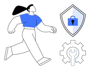 Öne doğru yürüyen kendinden emin bir kadın, kilitli bir güvenlik kalkanı, içinde ingiliz anahtarı olan teçhizat. Güvenlik, mahremiyet, yetkilendirme, bakım, teknoloji gelişimi ve istikrar kavramları için ideal. Soyut çizgi