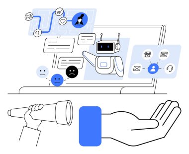 Yapay zeka asistanı, laptop ekranı, sohbet baloncukları, duygusal yüzler, arama teleskobu, iletişim simgeleri. Yapay zeka teknolojisi, dijital yardım, iletişim müşteri hizmetleri içgörüleri yeniliği için ideal