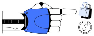 Robot el, alışveriş torbaları ve para birimi sembolünü işaret ediyor. E-ticaret, otomasyon, teknoloji, dijital alışveriş, perakende yenilik, gelecekteki ticaret, çevrimiçi işlemler için ideal