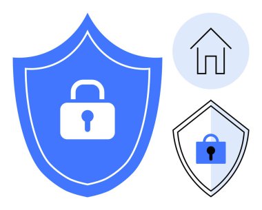 Beyaz asma kilitli mavi bir kalkan, bir evin minimalist çizgisi, asma kilitli ikinci bir kalkan. Güvenlik, güvenlik, koruma, ev, siber güvenlik gizlilik sigortası için ideal. Soyut satır düzlüğü