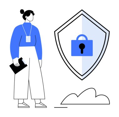 Pano tutan kadın, kalkanın yanında kilit sembolü ile duruyor ve güvenliği vurguluyor. Siber güvenlik, veri koruması, bilişim güvenliği, güvenlik protokolleri, bilgi güvencesi, dijital