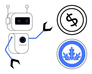Mekanik kolları dolar işaretini ve yaprak amblemini gösteren robot. Teknoloji, otomasyon, finans, sürdürülebilirlik, yenilik, yapay zeka ve çevre dostu kavramlar için idealdir. Düz