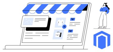 Bir dizüstü bilgisayar ekranında dijital mağaza önü, düşünen bir kullanıcı ve çevrimiçi alışverişi gösteren ilgili bir logo. E-ticaret, perakende, dijital pazarlama, çevrimiçi satış, web tasarımı, alışveriş için ideal