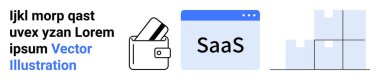 Cüzdanda kredi kartları, SaaS etiketli SaaS uygulama penceresi ve depolama yönetimini temsil eden kutular var. Fintech, ecommerce, SaaS, lojistik, dijital ödeme sistemleri için ideal