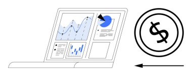 Çizelgeler ve grafikler dizüstü bilgisayarda bir dolar sembolü ve ileri bakan bir ok ile. Finans, veri analizi, büyüme stratejisi, iş planlaması, yatırım, teknoloji için ideal, düz basit metafor