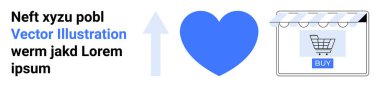 Yukarı doğru giden bir okun yanında mavi kalp simgesi ve alışveriş arabalı bir vitrin. E-ticaret, çevrimiçi alışveriş, müşteri sadakati, büyüme, pazarlama, kullanıcı bağlılığı, düz iniş sayfası afişi için ideal