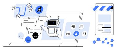 Dizüstü bilgisayardaki yapay zeka sohbet robotu mesajları, soruları, iş akışlarını ve duyguları cep telefonu desteği, analitik ve e-postalarla ele alıyor. İş için ideal, teknoloji otomasyon etkileşimi kullanıcı deneyimini desteklemek
