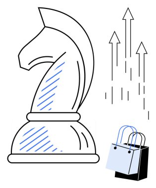 Satranç şövalyesi parçası büyümek için yukarı doğru oklarla ve ticaret için alışveriş torbalarıyla sembolize edilmiş stratejiyi simgeliyor. İş stratejisi için ideal, perakende başarı, ekonomik ilerleme, pazar analizi, büyüme