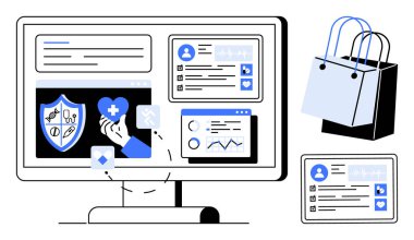 Masaüstü ekranında kullanıcı profilleri, istatistikler ve sağlık hizmetleri için simgelerle sağlık sigortası arayüzü. Alışveriş torbaları ve tablette kullanıcı profili. Sağlık teknolojisi, e-ticaret, kullanıcı için ideal