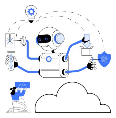 Robot görevler için birden fazla kol kullanır. Kod oluşturma, veri sıralama, DNA araştırması ve güvenlik şifrelemesi. Metafor olarak ampul ve parmak izi kullanılıyor. Teknoloji ve yapay zeka için ideal.