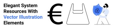 Avro para birimi simgesi, tek kullanımlık plastik çanta taslağı ve güvenlik kalkanı taşıyan figür. Finans, perakende, çevre bilinci, güvenlik, e-ticaret, veri gizliliği ve düz iniş sayfası afişi için ideal