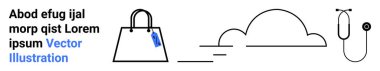 Etiketli alışveriş torbası, steteskop, bulut ve basit çizgi sanatında doğrusal aksanlar. E-ticaret, sağlık, teknoloji, modern tasarım, pazarlama perakende sahanlığı sade iniş sayfası afişi için ideal