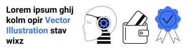 Yapay zekayı simgeleyen teçhizatlı insan kafası, kredi kartlı cüzdan ve sertifikayı temsil eden mavi işaret rozeti. Teknoloji, finans, güvenlik, başarı, yenilik, yapay