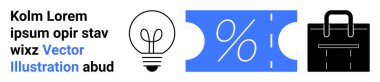 Ampul, yüzde mavi kupon ve siyah evrak çantası lineer simgeleri. İş, yenilik, finans, tasarruf, yaratıcılık için ideal, soyut çizgi düz metafor sunuyor ve girişimcilik sunuyor