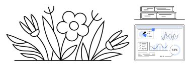 Çiçek bahçesi çizimi, istiflenmiş kitaplar ve haritalarla veri analiz arayüzü. Eğitim, büyüme, araştırma, sürdürülebilirlik, öğrenim görselleştirme için idealdir. Düz basit metaforu gösterir