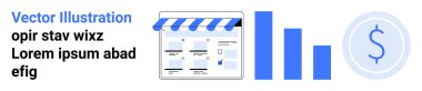 Bir bar grafiği ve bir dolar işareti ikonu ile birlikte bir web sayfası düzeni. E-ticaret, çevrimiçi satış, istatistik analizi, iş büyümesi, piyasa araştırması, finansal planlama, ekonomik