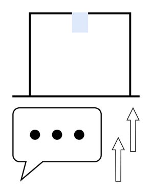 Üzerinde bant olan karton kutu, üç noktalı konuşma balonu ve iki yukarı doğru ok. Nakliye, iletişim, ilerleme, büyüme, lojistik takım çalışması stratejisi için ideal. Düz basit metafor