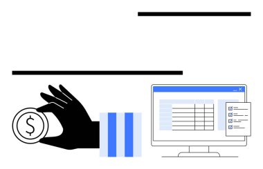 Masaüstü ekranının yanında el ele tutuşma, hesap tablosu ve kontrol listesi. Finans, muhasebe, bütçe, veri analizi, dijital araçlar, iş planlaması, fintech için idealdir. Düz basit metafor