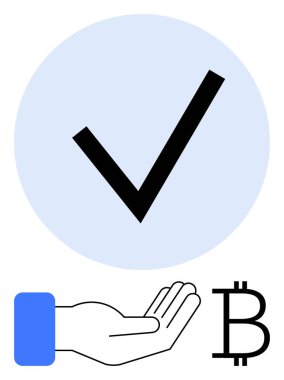 Mavi daireli, açık elli ve Bitcoin sembollü siyah işaretli. Finans, kripto para birimi, engelleme zinciri, onay, yatırım, vermek, güven için ideal. Düz basit metafor