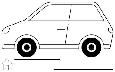 İki tekerleği olan kompakt araba ana hatları, çok az detay, evin dış hatları ve paralel çizgiler hareket olduğunu gösteriyor. Ulaşım, taşınabilirlik, seyahat, basitlik, minimalizm, çevre dostu