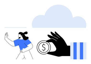 Yumuşak bulutlar altında para teklif eden bir kadından yüz çeviriyor. Etik, karar verme, finans yönetimi, kişisel sınırlar, dürüstlük, minimalizm, düz basit metafor