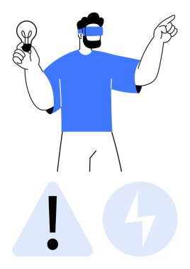 VR kulaklık takan adam bir ampul tutuyor. İleriyi göstererek yenilik ve fikirleri sembolize ediyor. Bir uyarı simgesi ve enerji sürgüsü güvenlik, ilerleme ve teknoloji temalarını vurguluyor. İdeal