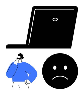 Dizüstü bilgisayarın ve üzgün yüzün yanında düşünen, hayal kırıklığını ya da sorun çözmeyi yansıtan bir adam. Teknoloji sorunları, iş sorunları, akıl sağlığı, karar verme, duygusal stres, sorun yaratma için ideal