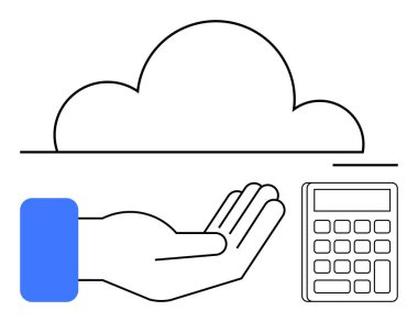 Hesap makinesinin yanında teknolojiyi, ulaşılabilirliği ve finansal planlamayı sembolize eden bir el bulut var. Dijital ekonomi, bulut hesaplama, bütçe ve teknoloji hizmetleri için ideal