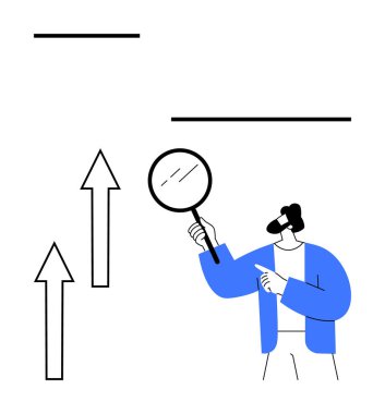 Büyüteç tutan kişi yukarı bakan okları analiz ediyor, büyümeyi, başarıyı ve gelişmeyi simgeliyor. İş stratejisi, geliştirme, veri analizi, finans, ilerleme yeniliği için ideal