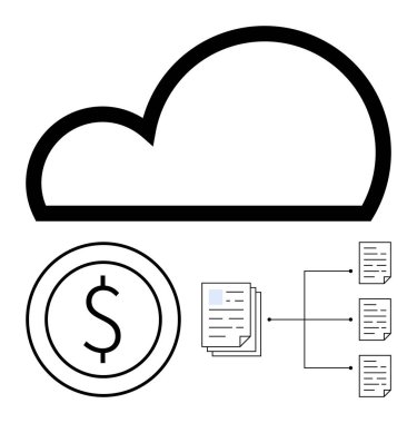 Bir doların üzerinde bulut ana hatları, istiflenmiş belgeler ve bir şube dosya yapısı diyagramı. Bulut hesaplama, veri depolama, dosya paylaşımı, finans teknolojisi, iş büyümesi, maliyet yönetimi için ideal