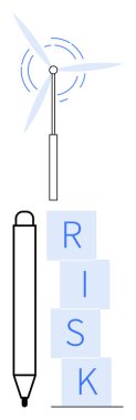 Rüzgar türbini, kalem ve yığın halinde RISK yazılıyor. Sürdürülebilirlik, planlama, yenilik, yönetim, çevre, strateji soyut düz çizgi metaforu için ideal