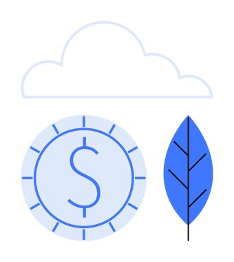 Dolar işaretli sikke, mavi yaprak ekolojik odaklanma gösteriyor, bulut yukarıda. Yeşil teknoloji, finans, bulut hesaplama, çevre, yatırım yeniliği için ideal. Düz basit metafor