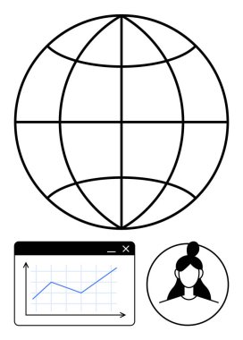 Dünya ızgarası bağlantıyı sembolize ediyor, veri eğilimlerini gösteren analitik grafik, kullanıcı temsili için kadın avatarı. Ağ, teknoloji, veri yönetimi, iletişim, iş, kullanıcı için ideal