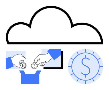 Bulut, para için dijital kasa görevi görüyor. Elle bozuk para değişimi, mavi kutuda bozuk para, büyük paralar. Finans, kitle fonlama, bulut hizmeti, dijital cüzdan, yatırım tasarruf dairesi için ideal