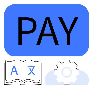 Kalın mavi Pasta tuşu, dil çeviri sembolleri ve vites simgesi içeren açık bir kitap. Finans, teknoloji, otomasyon, dil hizmetleri, e-ticaret küresel ticaret eğitimi için idealdir. Düz basit