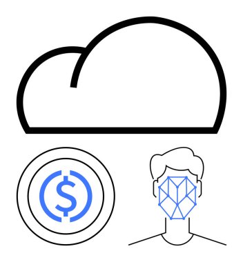 Bulut dairesel dolar işareti ve geometrik yüz yapısı ile depolama, finans ve kimliği sembolize eder. Siber güvenlik, fintech, biyometrik, mahremiyet, yapay zeka ve bulut hesaplama için ideal