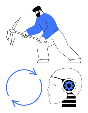 Kazma sallayan adam işçiliği simgeliyor, sürekli iş akışını temsil eden dairesel oklar, yapay zeka ve yenilik tasvir eden teçhizatlı insan kafası. Sürdürülebilirlik, yapay zeka, otomasyon, yenilik için ideal