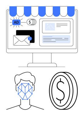 Bilgisayar ekranında reklamlar, e-postalar, ödeme simgeleri ve mağazalar var. Yüz tanıma madeni paranın yanında insan yüzü ile örtüşüyor. E-ticaret, çevrimiçi pazarlama, yapay zeka, siber güvenlik teknolojisi finansmanı için ideal.