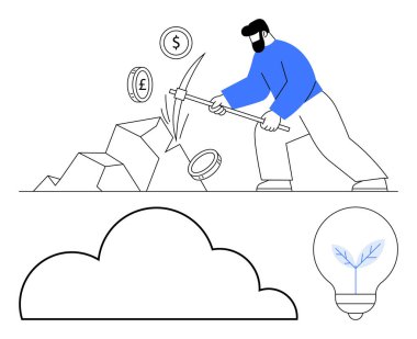 İşçi mayınları kazmalı, bulutlu ve yenilenebilir ampullerle çevrili para birimi sembolleri. Yenilik için ideal, sürdürülebilirlik, kripto para birimi, fintech, dijital madencilik, yeşil teknoloji, düz basit
