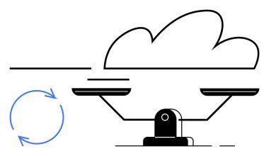 Bulut denge ölçeğinde süzülüyor, döngüleri temsil eden dairesel oklarla birlikte dengeyi sembolize ediyor. Teknoloji, denge, sürdürülebilirlik, yenilik, veri yönetimi ve süreç için ideal