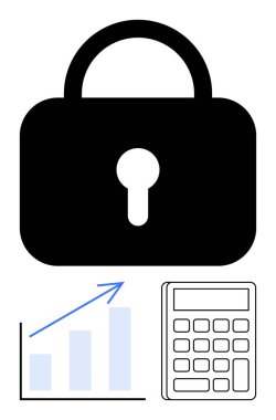 Güvenliği simgeleyen anahtar delikli siyah kilit, büyümek için yukarı ok, finans veya veri için hesap makinesi olan mavi çubuk çizelgesi. Mali güvenlik, veri gizliliği, dijital güvenlik, iş büyümesi için ideal