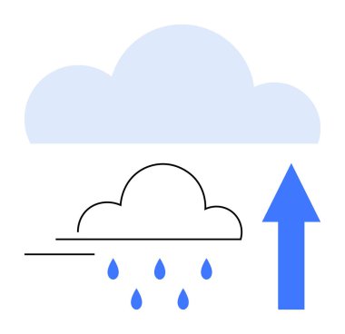 Bulutlar yağmur damlalarını salıyor, mavi yukarı doğru ok büyümeyi gösteriyor, ilerlemeyi, dönüşümü ve evrimi gösteriyor. Hava durumu, büyüme, yenilik ve çevre değişimi için ideal