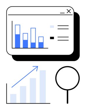 Çubuk grafikli veri paneli, yukarı doğru eğilim grafiği ve cam renklendirme analizi, istatistik, büyüme. Analiz, mali araştırma, iş stratejisi ve performans anlayışları için ideal